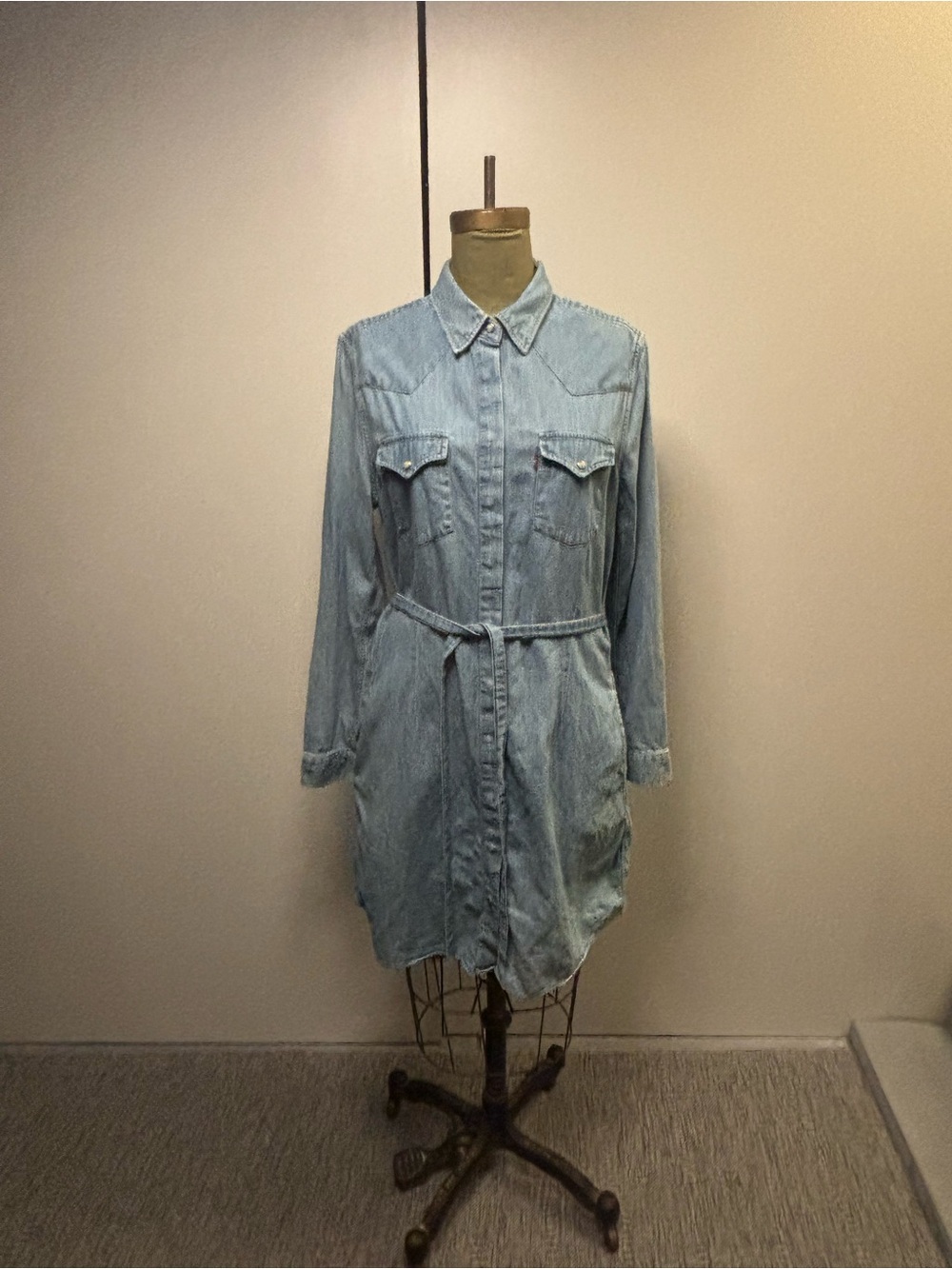 Levi's Light Blue Denim Long-Sleeve Shirt Dress with Tie